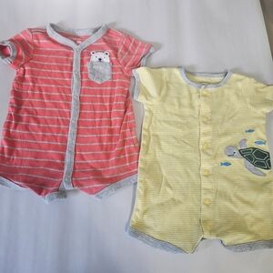 Carter's Romper Bodysuit Boy Girl‎ 3M Set of 2 Yellow Orange Turtle Bear Animal